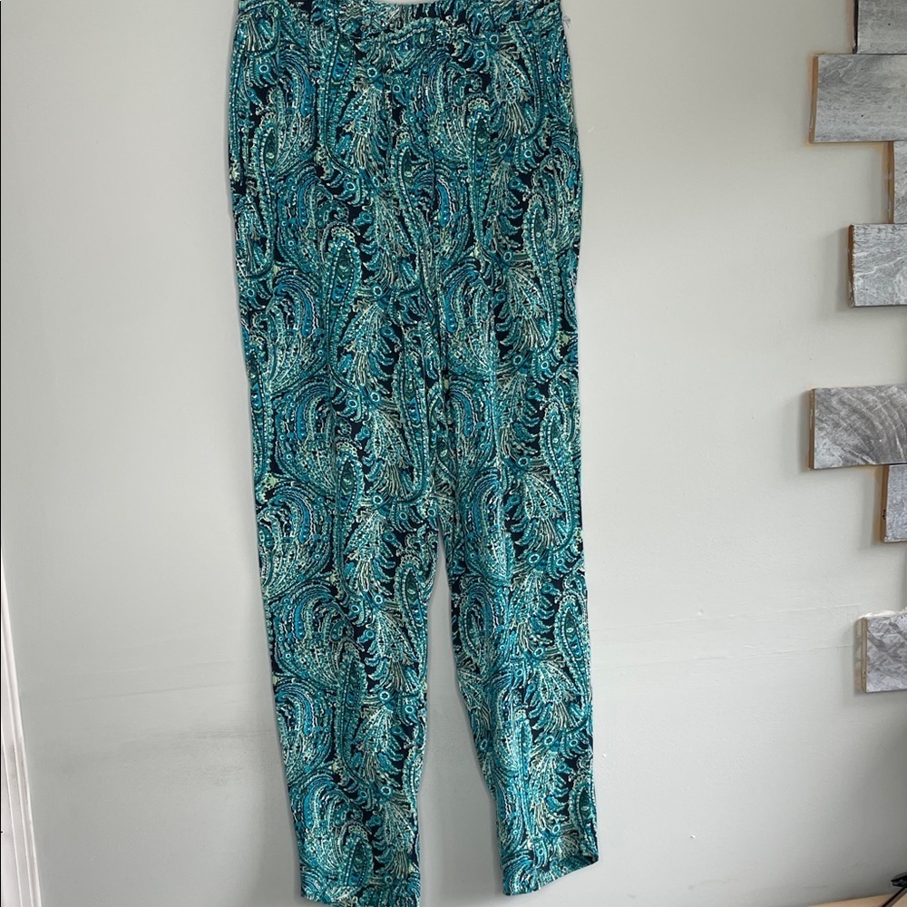 TALBOTS S Lightweight Rayon Tapered Ankle Pants Teal Paisley Pull On Summer